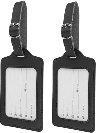 Kofferanhänger mit Adressschild, 2 Pack, Schwarz, elegantes Kunstleder Schild, für Flugreise, Kreuzfahrt, Namensschild Koffer Anhänger, Luggage Bag Tag ID Card, Adressanhänger Reise Aufhänger Tasche