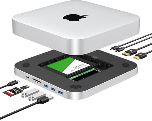 GEWOKLIY Mac mini Dock, USB-C Dockingstation mit Dual SSD Gehäuse, passend für 2,5 Zoll SATA HDD und NVMe M.2 SSD, Mac mini Hub mit 4K HDMI & DisplayPort, USB A/C Port, TF/SD Kartenleser