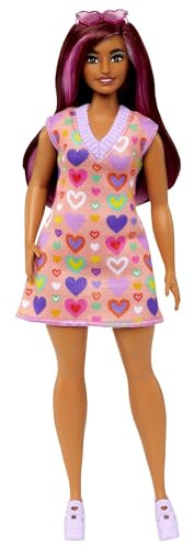 Barbie Fashionistas # 207 - Puppe mit Pulloverkleid, pinkfarbene Strähnen, Herzaufdruck, Sonnenbrille, Plateau-Schuhe, für Kinder ab 3 Jahren, HJT04