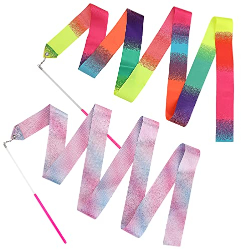 Bremorou 2 Stück Rhythmische Sportgymnastik Band, Tanzbänder Kinder 78 Zoll Gymnastikband Mit Stab Tanzband Mit Stab Kinder Funkelnd Für Künstlerisches Tanzen Gymnastik Zirkus (Rosa,Farbverlauf)