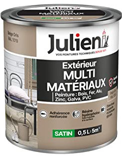 Julien Peinture Multi-Matériaux Satin en phase Aqueuse - Bois, Fer, Alu, PVC, Zinc, Acier galvanisé, brut ou peint - Beige Gris 0,5 L