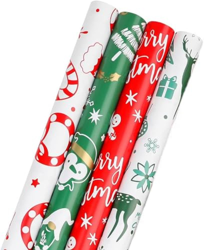 DERAYEE Papel de regalo de Navidad, 4 patrones diferentes, juego de papel de regalo (4 rollos)
