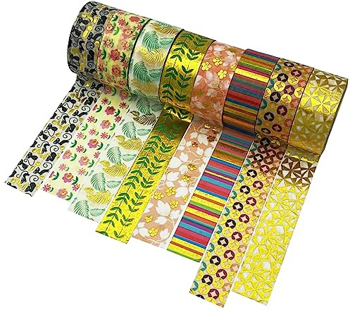 Jukway 8 rullar Washi Tape Set guld folietryck, total längd 32 m, maskeringstejp färgglada multimönster dekorativ tejp för gör-det-själv scrapbooking, hantverk, presentförpackning, 15 mm x 4 m/rulle