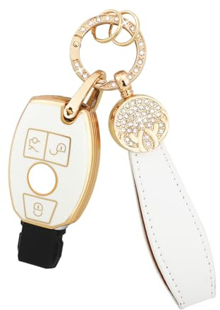 BLINGOOSE Schlüsselhülle für Mercedes Benz CLA CLS AMG C E S Klasse GLA GLE GLK GLC GLS SLC SLK Zubehör 3-Tasten auto Schlüsselgehäuse Glitzer Schlüsselanhänger Girly TPU Weiss Gold
