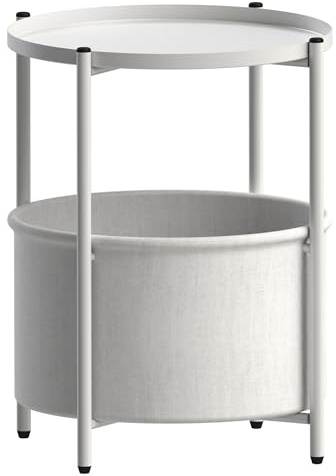 ML-Design Beistelltisch rund Ø45,5 x H 52,5 cm, Weiß, aus Metall, Couchtisch mit Stoffkorb & Abnehmbarer Tablett, Sofatisch mit Stauraum, Modernes Design, Kleiner Tisch, Wohnzimmertisch Nachttisch