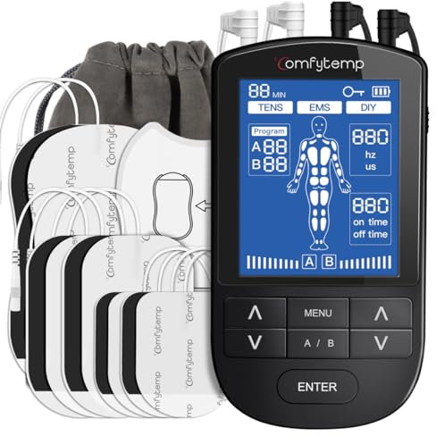 Comfytemp 4 Outputs TENS Machine for Pain Relief, Nerve Muscle Stimulator with 24 Modes, DIY Mode, Rechargeable TENS EMS Machine for Back, Neck, Shoulder, 10 Pads
