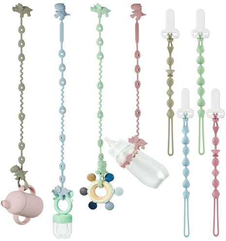 PandaEar 8er Pack Schnullerkette Silikon, Cup Catchy für Hochstuhl, Kinderwagen Spielzeug Kette Befestigung, Dinosaurier Baby Spielzeug sicherheitsgurte für Flaschen, Beißring