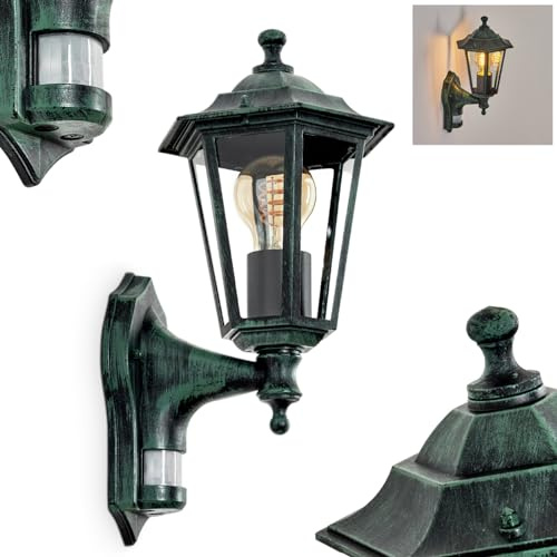 HOFSTEIN Außenwandleuchte Loria, Außenwandlampe mit Bewegungsmelder aus Metall/Glas in Schwarz-Grün/Klar, Wandleuchte Up im Retro/Vintage/Landhaus-Design, E27, IP44, Eingangsbereich, Terrasse, Haustür