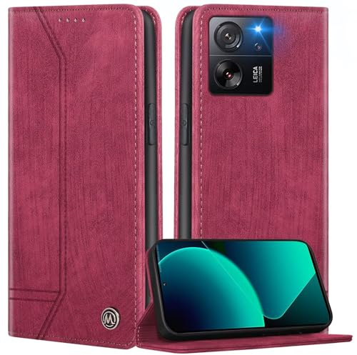 FMPCUON Handyhülle Kompatibel mit Xiaomi 13T Pro/Xiaomi 13T/Xiaomi Redmi K60 Ultra Leder Hülle Glatter Touch,Flip Wallet Case Handytasche Tasche Klappbar Schutzhülle für,Rotwein