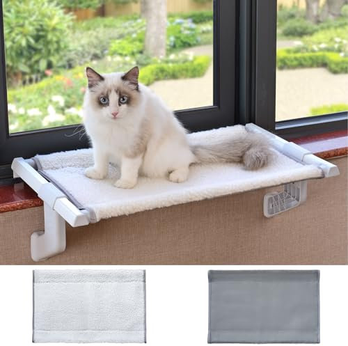 Cat Window Sill Perch Heavy Duty All Metal Frame Hold up to 100lbs,Compact Size 22 x 13 x 7“,Removable Dual-Sided Cushion,Adjustable Cat Hammock Bed Seat Shelf for Window Ledge for Cats Inside