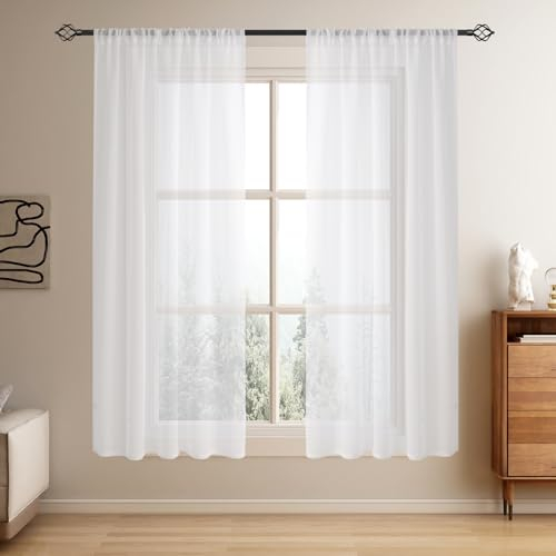 Softalker Vorhänge mit Stangendurchzug Gardinen Weiss Transparent in Leinen-Optik Voile Vorhang Kurz Durchsichtig Gardine schal 160 cm Hoch für Schlafzimmer Fensterschal 140 cm Breit, 2er Set