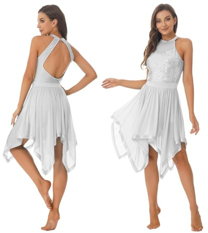 Lyrisches Tanz Kostüm für Damen Ärmelloses Neckholder-Pailletten-Ballettkleid for Damen, lyrisches Tanzkostüm, asymmetrisches Mesh-Jazz-Kleid for modernen zeitgenössischen Tanz ( Color : White , Size