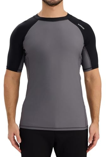 SURFEASY Men's Short Sleeve Rash Vest Swim Shirt, UPF 50+ Sun Protection Quick Dry Rashguard (Grey/Black,L)