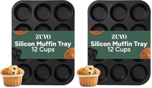 Zuvo Silicon Muffin Tray 12 Cups - Non Stick Black Baking Mold for Cupcakes and Brownies (23x31cm) - Perfect Baking Tray (Pack of 2)