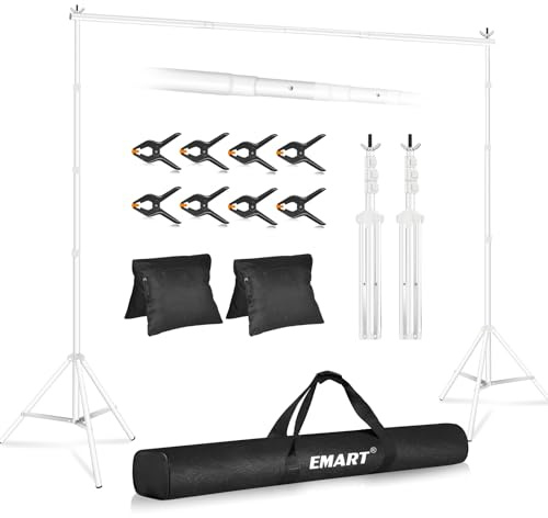 EMART Support Fond Photo Blanc, 3x3m de Support Toile de Fond Réglable avec 8 Pinces, 2 Sacs de Sable et Sac de Transport pour Studio Photo, Vidéo, Fête, Mariage-Blanc