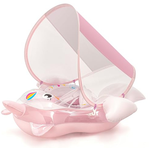 Baby Swimming Float, Baby Inflatable Pool Float with Sun Canopy Seat for 3-12 Months, Baby Girl Inflatable Baby Swimming Ring Pool Float for Infant Toddler Kids (Pink Unicorn)