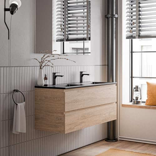 Bernstein Badmöbel-Set Ava 120cm, Waschbecken mit Unterschrank in Eiche honiggelb, Keramik-Waschbecken in Schwarz matt mit Hahnlöcher, Ideal für große Bäder