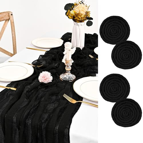 Showgeous 4 Packungen Käsetuch-Tischläufer Schwarz Boho Rustikale Gaze-Tischläufer Halbdurchsichtige Dekoration für Abendessen Brautparty Hochzeit Urlaub Party (80 x 300 cm)