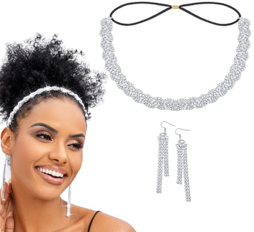 Flayem Strass Elastische Kopfkette Glänzendes Stirnband Damen Vintage Haarreifen Haarband mit Ohrringen Elegant Kopfkette für Frauen (Silber, 45.5cm)