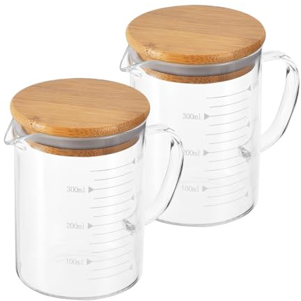 PATIKIL Vaso Medidor de Vidrio de 350ml, Pack de 2 Tazas Medidoras de Vidrio Borosilicato 3.3 con Escala Impresa en Blanco, Tapa de Madera y Pico en V para Cocina