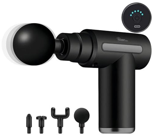 newgen medicals Massagepistole: Kompaktes Akku-Hand-Massagegerät mit 4 Aufsätzen, 6 Stufen, USB-C, 30W (Akku Hand Massage, Massagepistole, Fußmassagegerät)