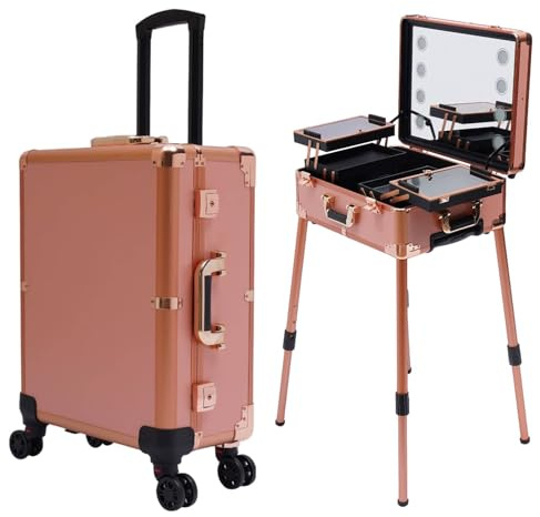Grande mallette de maquillage à roulettes, table de train cosmétique avec 4 roues et lumières, station de maquillage professionnelle avec éclairage et plateaux - Mallette de maquillage pour