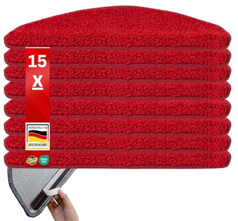 Floordirekt Shaggy-Stufenmatten Barcelona - 15er Set - Treppenmatten in 16 Farben, Strapazierfähig & pflegeleicht, Stufenteppich für Innen (Rot, Halbrund 65 x 23,5 cm)