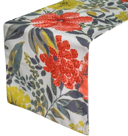 Rosso Decorativo Runner da tavola 35 x 90 cm | Contemporaneo Floreale Cotone Biancheria da tavola | Ricami a mano Runner da tavola per feste, decorazioni per tavoli da pranzo - Wildflower Wave