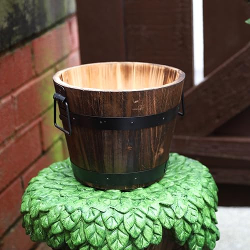 Fyne-Finds Round Wooden Whiskey Barrel Planter 20cm, 8inch Garden Pot with Metal Handles Band Outdoor Tub Weatherproof DrainageHoles (1)