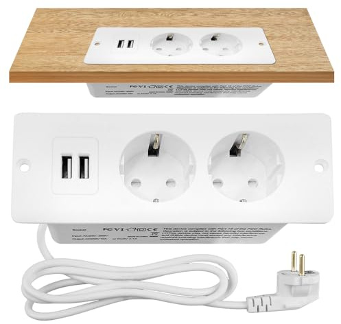 DAJASD Tischplatte Versenkte Steckdose, 2-Fach Einbau Steckdosenleiste, Einbausteckdose mit USB, Versenkbare Steckdose mit 2 USB, 1.5 m Kabel, Tischsteckdose für Möbel oder Arbeitsflächen