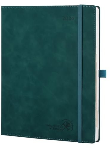 POPRUN Kalender 2026 Buchkalender Softcover mit PU-Leder, ca. A4 (26,5 x 21,5 cm) - Terminplaner, Wochenplaner Notizbuch (Jan.2026-Dez.2026) mit 100 GSM Papier - Petrolgrün