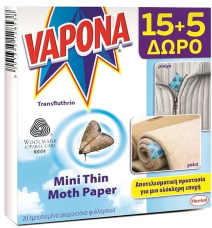 Vapona Cloth Moth Mini Thin Paper Repellent for 3 Months - 1 Pack of 20 Paper