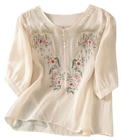 Generisch Stickerei Bluse Damen Musselin Shirt Rundhals Mit Knopfleiste Folklore Bluse Blumenmuster Elegante Baumwolle Leinenbluse 3/4 Arm Lässig Sommer Oberteil Leicht Und Luftig Alltagsbluse