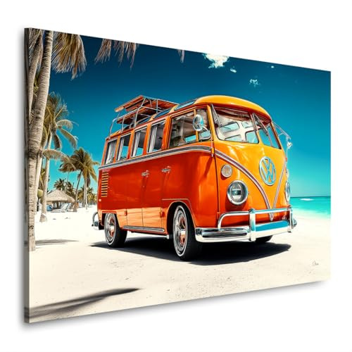 Kunstgestalten24 | VW Bulli Wandbild auf Leinwand – Vintage Bus am Strand – UV-beständig & auf Echtholz-Keilrahmen gespannt – modernes Retro-Motiv | 60x40cm, 2cm Rahmentiefe