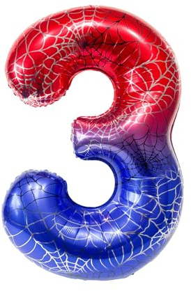 Fesnova 40 Zoll Folienballons mit Spinnenmotiv, Großer Mylar Ballon mit der 3. Zahl für Kinder, Spinnennetz Design, für Jungen, Geburtstag, Babyparty, Jahrestag
