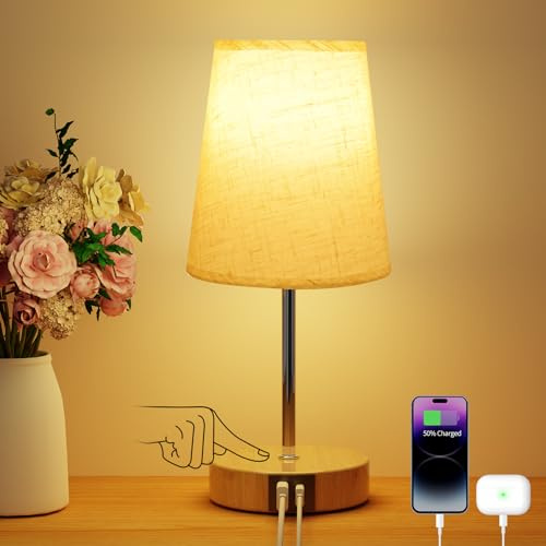 Suright Lampada da Comodino con Controllo Touch e 3 Livelli di Luminosità, Abat Jour da Comodino con Porte di Ricarica USB A+C, Lampada da Tavolo per Camera da Letto Soggiorno (Lampadina Inclusa)