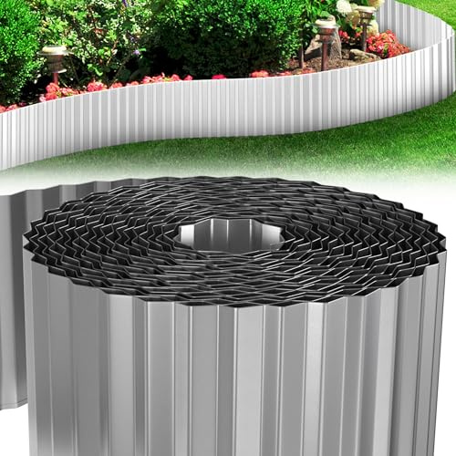 Suusolny Wellenförmige Rasenkante Flexible Beetumrandung aus Metall Verzinkt Beeteinfassung Gartenkante Gartenabgrenzung für Wurzelstopp Rasen Mähkante Blumenbeet - Silber - 18cmx1000cm