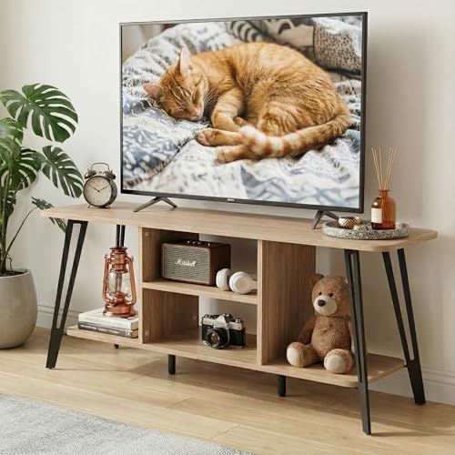 Manora TV Schrank Holz 120cm Lang mit Lowboard Funktion,TV Board Hoch im Landhausstil,Fernsehtisch mit 4 Offenen Fächern,TV Tisch in Eiche Optik,TV Sideboard für Wohnzimmer