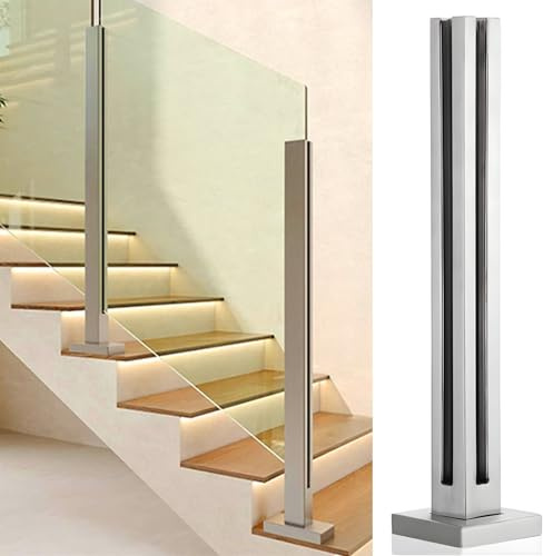 Barandilla de cristal de 95 cm, balaustrada de acero inoxidable 304 plateado mate para montaje en suelo de 10-12 mm, ideal para cubiertas, balcones, áticos y escaleras