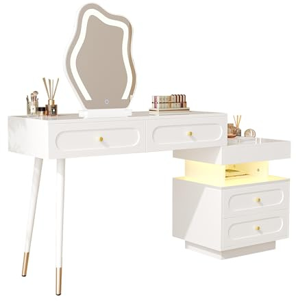 Senmate Toilette con Specchio LED 3 Luci - Set Toilette Moderna Bianco per Camera da Letto, 4 Cassetti Capienti, Vano Aperto, Anti-Ribaltamento, Ideale per Makeup e Beauty - L140 x P40 x H130 cm