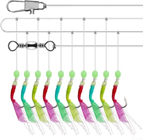 Bulevisiter Sabikis Rigs Bait 10 Hooks Fishing Lure for Herring Mackerel Sea Baitfish with Snap Swivel Stainless Steel String Hook Rig Set for(14#)