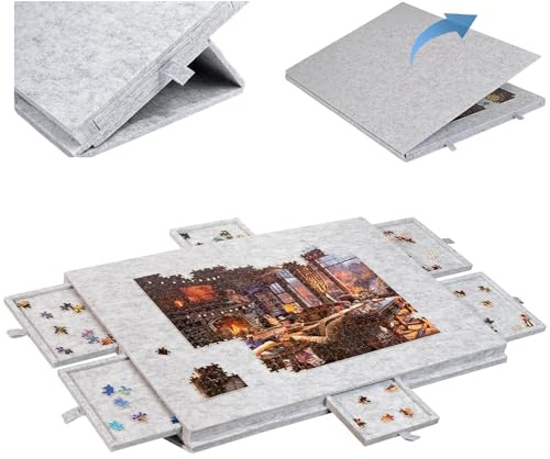 Pusselbräda, 2-i-1 filtfällbart fällbart pusselbord Lätt förvaringsväska med 6 lådor, för vuxna och barn light-gray 1500PCS
