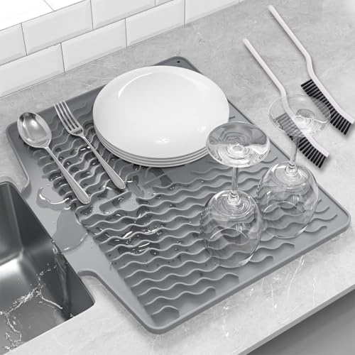 Alfombrilla de goteo para platos de silicona, con cepillo, antideslizante, resistente al calor, a prueba de fugas, plegable, con estructura de ranuras para encimeras de cocina, 40 x 30 cm