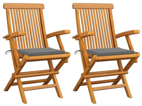 IBUQDDV 2 Stück Gartenstühle aus Massivholz Teak mit Grauen Kissen, Klappstühle für Terrasse Garten Balkon, Wetterbeständige Holzstühle mit Polster, Leicht und Flexibel, Sitzkomfort