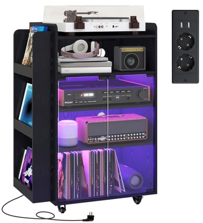 YU YUSING Mueble Tocadiscos Vinilos y CD con LED, Soporte Vinilos de 5 Niveles, Mesa Tocadiscos con Toma de Corriente Integrada y Ruedas, para Tocadiscos, Reproductor de DVD, Negro