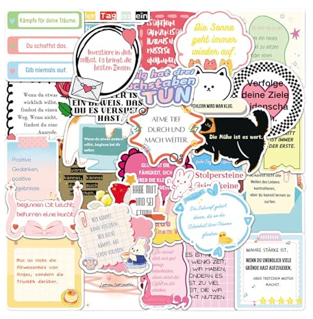 Goiern Deutscher Motivationsaufkleber Set, 100 Stück (50 Designs, je 2 Stück) wasserdichte PVC Sticker, Positives Deutsches Zitate Aufkleber für Laptop, Koffer, Wasserflasche