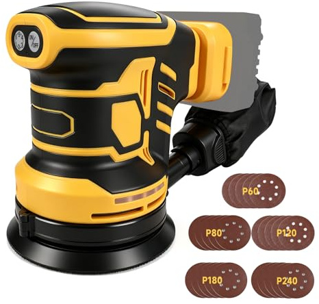 Cordless Random Orbital Sander Compatible with Dewalt 18V 20V Battery, 21000 RPM Brushless 125mm Electric Random Orbit Sander, 6-Variable Speeds Palm Sander with 25pcs Sandpapers