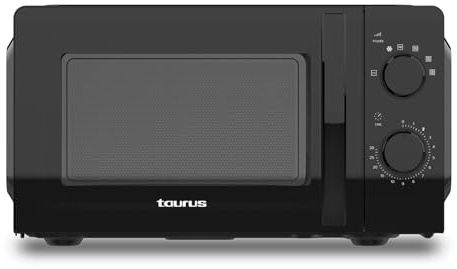 Taurus Instant Black Microondas 700W 20L con Función Descongelar, 6 Niveles de Potencia, Temporizador 30 Min y Puerta Full Glass Negra