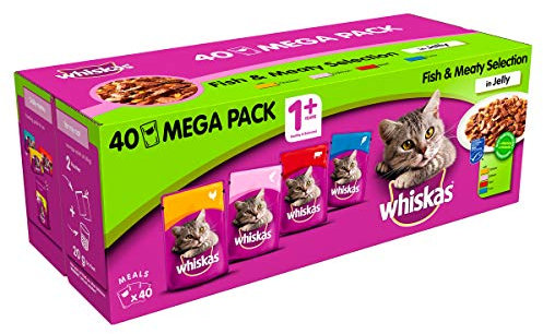 Whiskas 1+ - Pouch Mega Pack - Wet Cat Food for Adult Cats - Fish and Meaty Selection in Jelly - 40 x 100 g