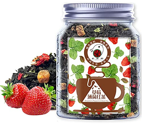 Plant Gift Strawberry Peppermint Black Tea, Té negro de hojas sueltas liofilizadas con fresa y menta, té caliente y helado, natural, con sabor, 70 g/2,5 oz
